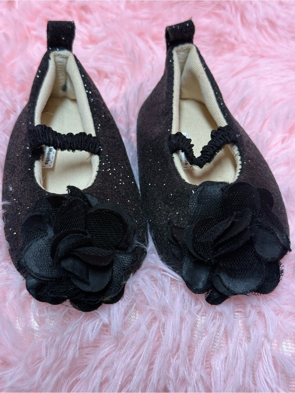 Baby Girls Black Glitter Ballet Flats w/ Rosette Flowers 6-9 Months EUC